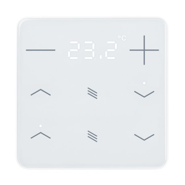 KNX Termostat, eTr 202, 6 knappar för temp/jalusi/display, glas, vit